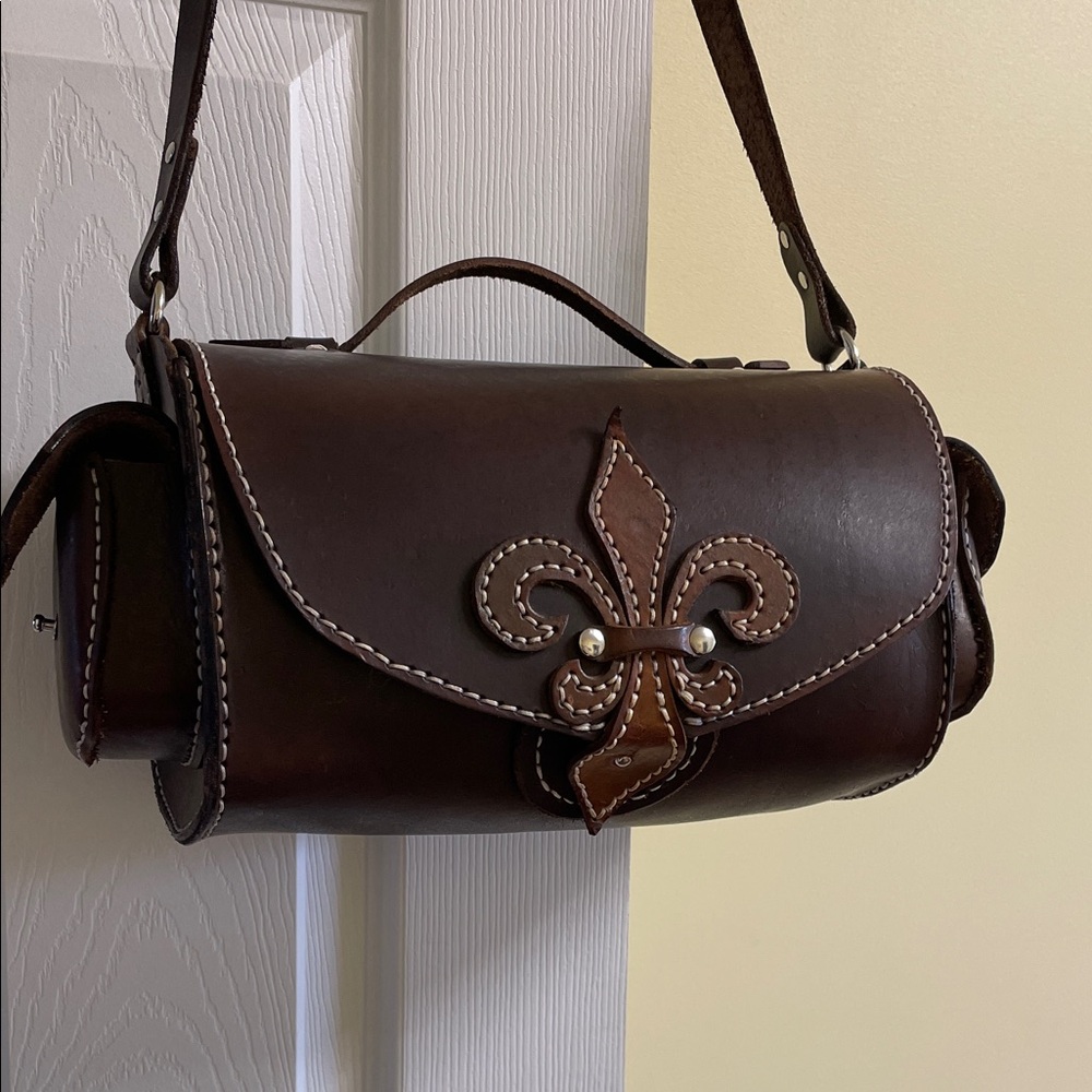 Handmade Brown Leather Crossbody Bag with Fleur-de-Lis Design